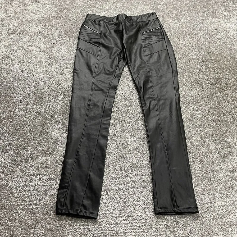 Shinestar Pants womens Large Black Faux Leather Slim Stretch Zip Pockets 31x31